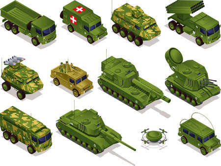 Army transport Combat Vehicles collection with tanks military vehicles set isometric icons on isolated backgroundのイラスト素材