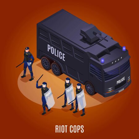 Riot cops and Water Cannon illustration isometric icons on isolated backgroundのイラスト素材