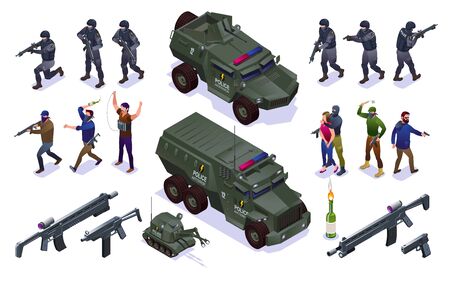 Antiterror Special Police Forces and Terrorists Set isometric icons on isolated backgroundのイラスト素材
