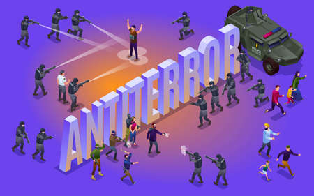 Antiterror Special Police Forces at work and isometric word Antiterror isometric icons on isolated backgroundのイラスト素材