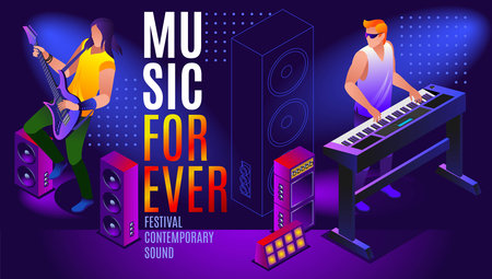 Music Forever Concept Poster of Festival Contemporary Sound and Banner, Template with musicians isometric icons on isolated multicolored backgroundのイラスト素材