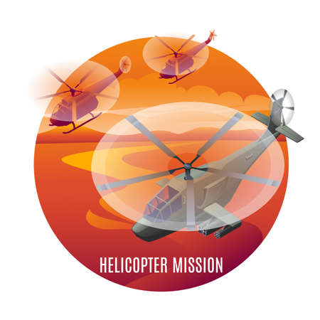 Helicopter Mission, combat helicopters in action at sunset, vector illustration isometric icons on isolated round backgroundのイラスト素材