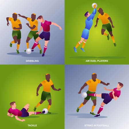Football 2x2 illustration Flat cartoon icons on isolated gray and green backgroundのイラスト素材