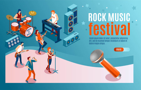 Rock Music Festival landing page with people singing and playing various musical instruments, modern concert poster, audio blog concept, Isometric Vector illustration on isolated bのイラスト素材