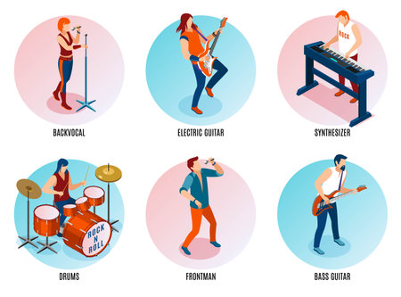 Rock Musicians composition set with people playing guitars, drums, synthesizer isometric icons on isolated backgroundのイラスト素材