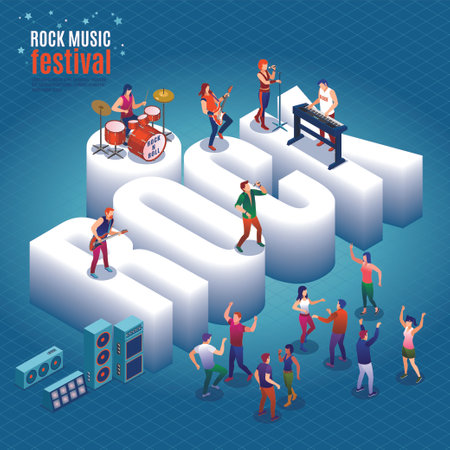 Rock Music Festival and isometric word Rock with rock band and dancing fans, modern concert poster, audio blog concept, Isometric Vector illustration on isolated backgroundのイラスト素材
