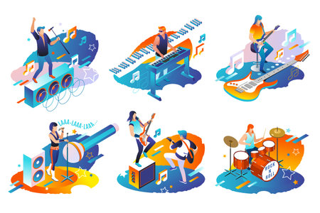 Rock Musicians and Singers of rock band, musical instruments, audio blog concept, isometric vector illustrations on isolated backgroundのイラスト素材