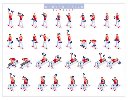 Dumbbell Training Bodybuilding Exercises set. Best dumbbell exercises for building big and beautiful muscles in the gym. Healthy and active lifestyle. Isometric icons on isolated backgroundのイラスト素材