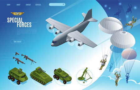 Special operations forces Landing Page with airborne assault, military vehicles and personal weapon isometric icons on isolated backgroundのイラスト素材