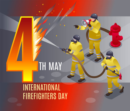 International Firefighters Day of May 4 Poster isometric icons on gray isolated backgroundのイラスト素材