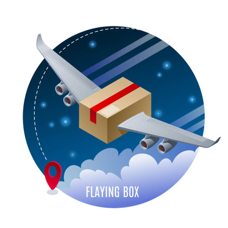 Flying box, air delivery, parcel package flying with aircraft wings at night sky vector illustration isometric icon on deep blue isolated backgroundのイラスト素材