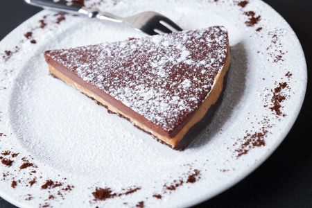 Chocolate tart slice sprinkle with powdered sugar on a white plateの写真素材