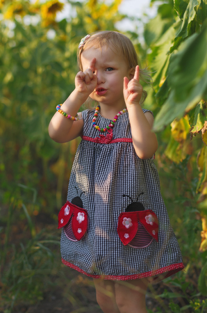 little girl smelling a sunflower on the field, shows pens attentionの写真素材