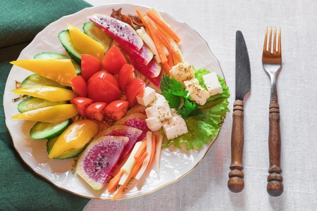 Platter of assorted fresh vegetables, top view with copy space.の写真素材