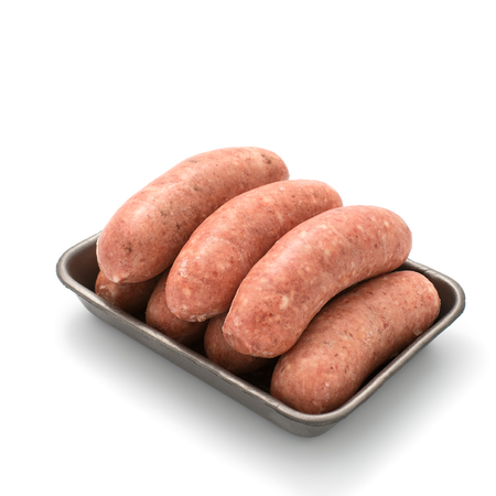 sausages in a container isolated on a white background. Flesh, meat product for cooking packed in boxの写真素材
