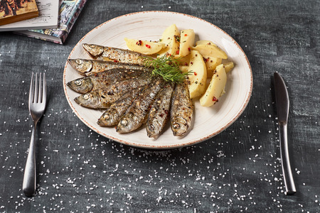 Fried sardines with boiled potatoes on a plate close up. horizontal. Concept of healthy food. Sardines in Odessa, Privozの写真素材