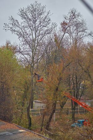 Chisinau, Moldova, October 6, 2018, N. Dimo street 7 2, Private security blocked access to illegal construction, people are outraged by the inaction of the police and the subsequent cutting down of trees. The concept of protest, lawlessness, impunity.のeditorial素材