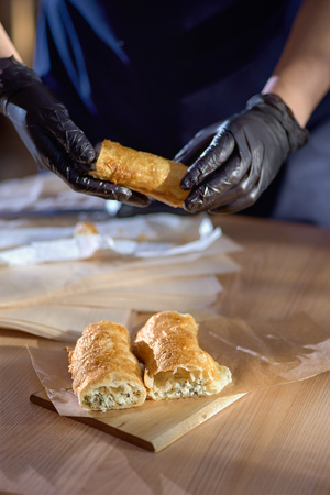 Vertuta or placinta with cottage cheese and cheese, served with sour cream. Traditional Moldovan, Romanian or Balkan pie or cake. selective focus.restaurant. Text area copy space for design menuの写真素材