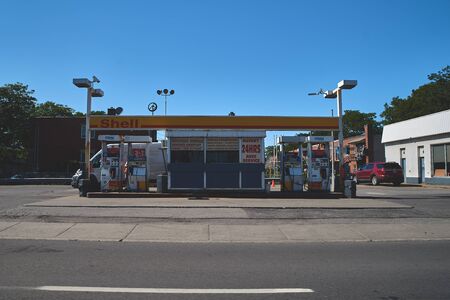 Montreal, Canada - August 13, 2018: Old Shell gas station. Rusty, old acting gas station on the...