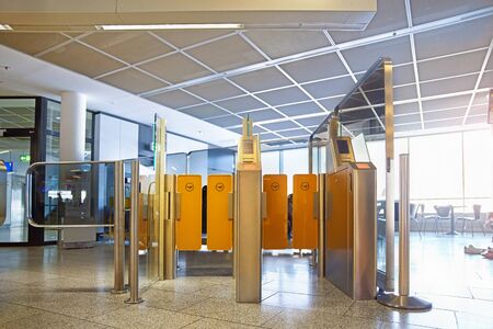 FRANKFURT, GERMANY - August 29, 2018: Checkpoint at the airport with signals prohibiting passage....