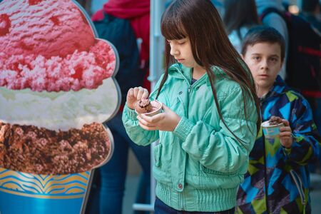 Chisinau, Republic of Moldova - May 10, 2019: ice cream is distributed free of charge, children...