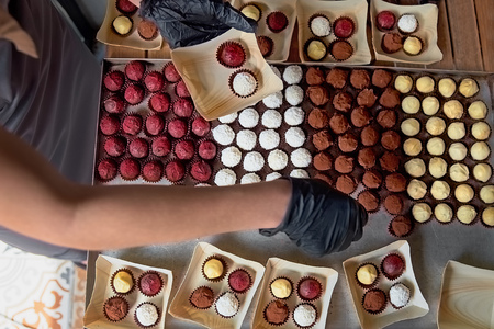 Sorted by portions, handmade chocolate chocolates, white, dark and milk chocolate and different...