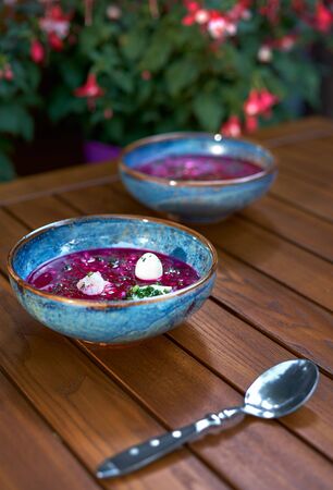 Holodnik - traditional Lithuanian vegetable Cold fresh summer soup made of young beetroot beet , potato, cucumber, egg and sour cream kefir . Selective focusの写真素材