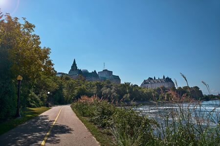 Ottawa, Ontario, Canada September 18, 2018: A look at the Canadian Houses of Parliament with blue...
