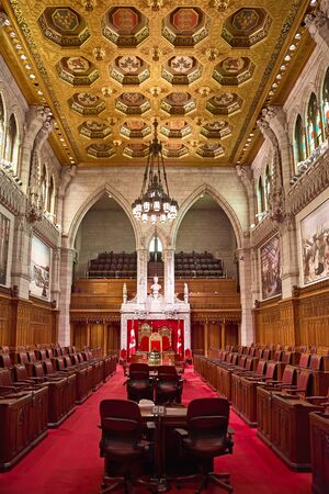 Ottawa, Canada, September 18, 2018: Interior of the Canadian Senate Chamber Parliament Hill....