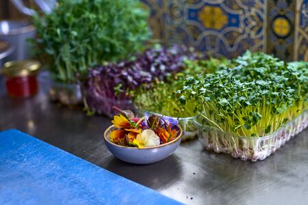 Food concept. Fresh herbs and flowers for decoration on the table in the kitchen. The process of...