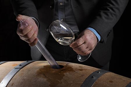 Sommelier makes a selection of red wine from an oak barrel. ecological wine production on the farm....