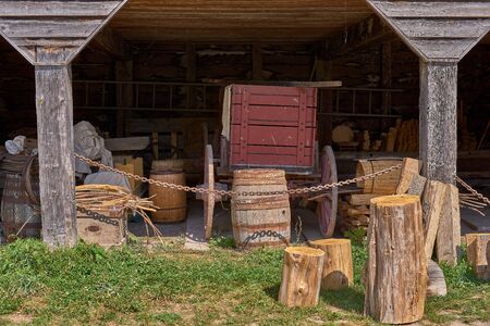 manufacture of wooden barrels in the factory of barrels workplaceの写真素材