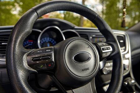 car dashboard and steering wheel, modern car interior designの写真素材
