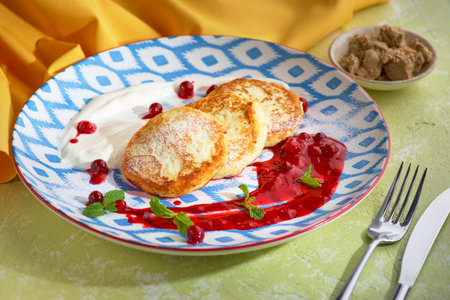Cheesecakes with berries and sour cream. Yummy dessert, menu.