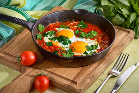 delicious middle east shakshuka - fried eggs, onion, bell pepper, tomatoes, chilli and spices in cast iron stewpan with kitchen towel on old background, authentic recipe, close-upの写真素材