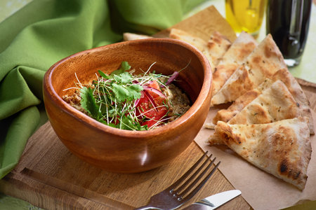 Armenian Eggplant Spread. Caviar rich taste, tasty dinner. Side view, close-up, menu.