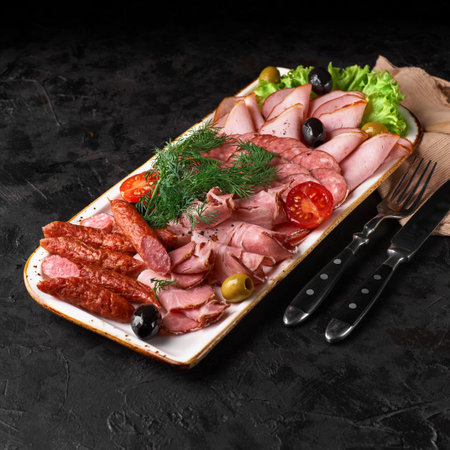 Assorted meat products, including ham, sausage, balyk, lard, basturma, prosciutto on dark backgroundの写真素材