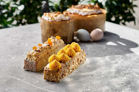 Sea buckthorn carrot cake, white chocolate pineapple ganache, raw vegan for Easter, bright sunshine...