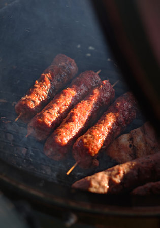 American Street food on cooking grill Sausagesの写真素材