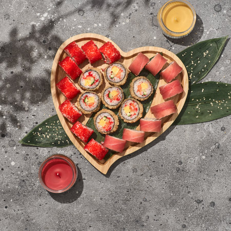Heart shaped set of sushi rolls for Valentines Day. Menu or delivery concept with space for text. Top viewの写真素材