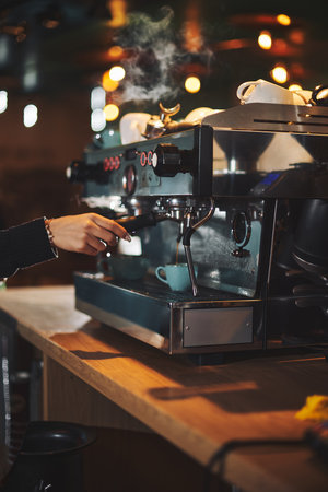 Barista Coffee Maker Machine. Small business cafe and restaurant owner and part time job working...