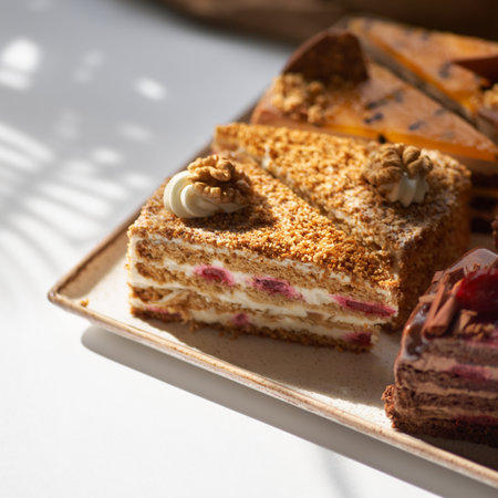 Assortment of pieces of cake on plate, copy space. Several slices of delicious desserts, restaurant menu concept, top view.の写真素材