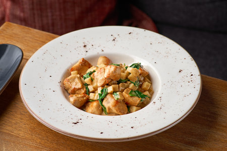 French cuisine a fricassee of Turkey with mushrooms, cream sauce on wooden table. serving in a...