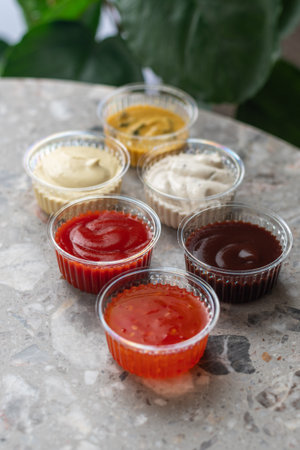 Various sauces and dips in plastic bowls on gray stone background. copyspace. fast food delivery.