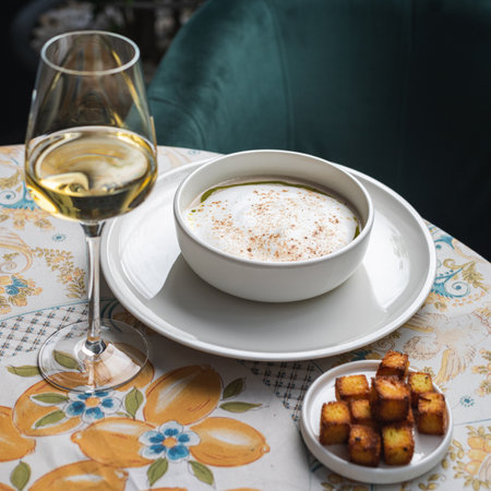 cappuccino soup which is a type of cream mushroom soup on a table, copy space. food concept.