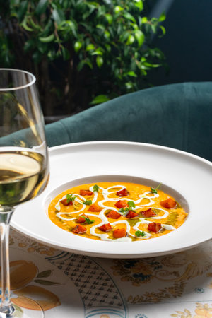 Risotto with pumpkin kimchi and gorgonzola cheese on the table, copy space. food concept.の写真素材