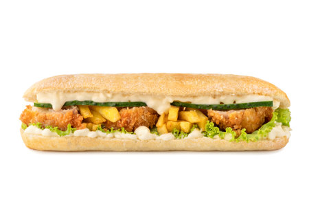 Big Ciabatta Sandwich. Panini with chicken, Lettuce and Sauces isolated on white background. With clipping path for design menuの写真素材