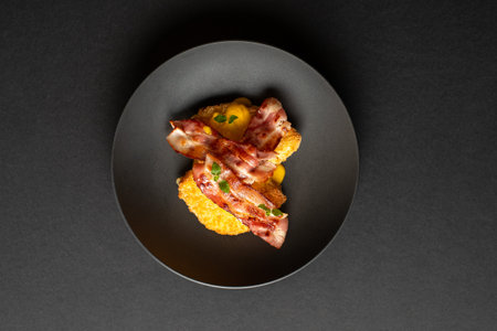 Draniki, Hashbrown, hash brown potatoes fried pancakes, traditional american cuisine. Crispy hashed browned potatoe hollandaise sauce and bacon on black background , top view.の写真素材