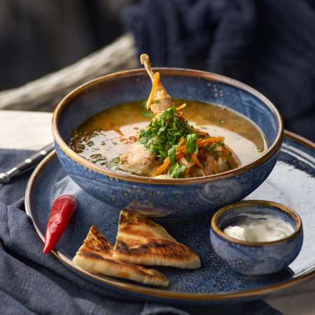 Quail meat soup with vegetables and spices. Restaurant menu. healthy tasty dish. Free space for textの写真素材