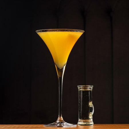 Pornstar martini cocktail with passion fruit and vodka, served with sparkling wine in a separate glass.の写真素材